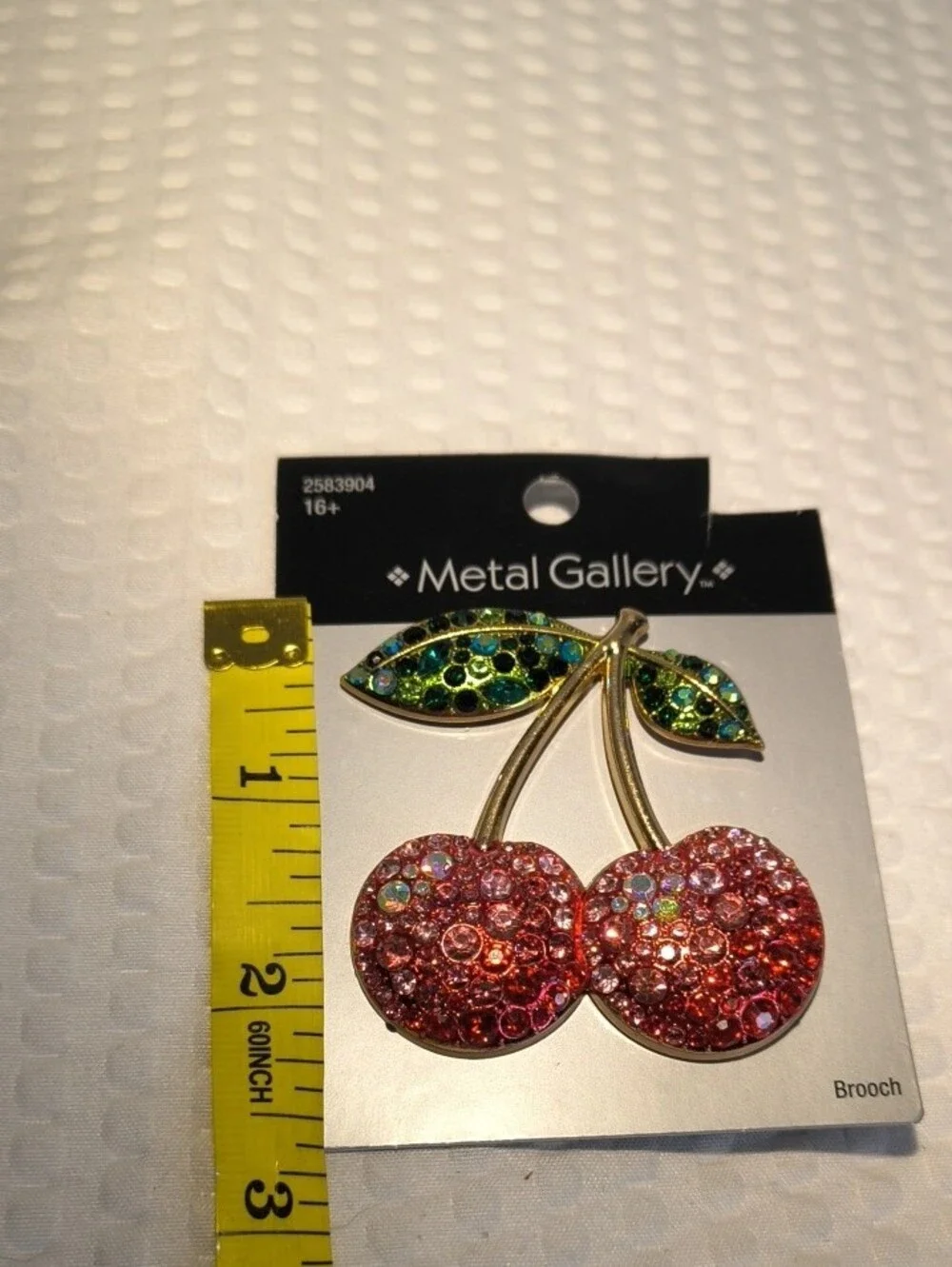 Metal Gallery Pink Red Ombre Crystal Cherry Brooch with Green Leaves